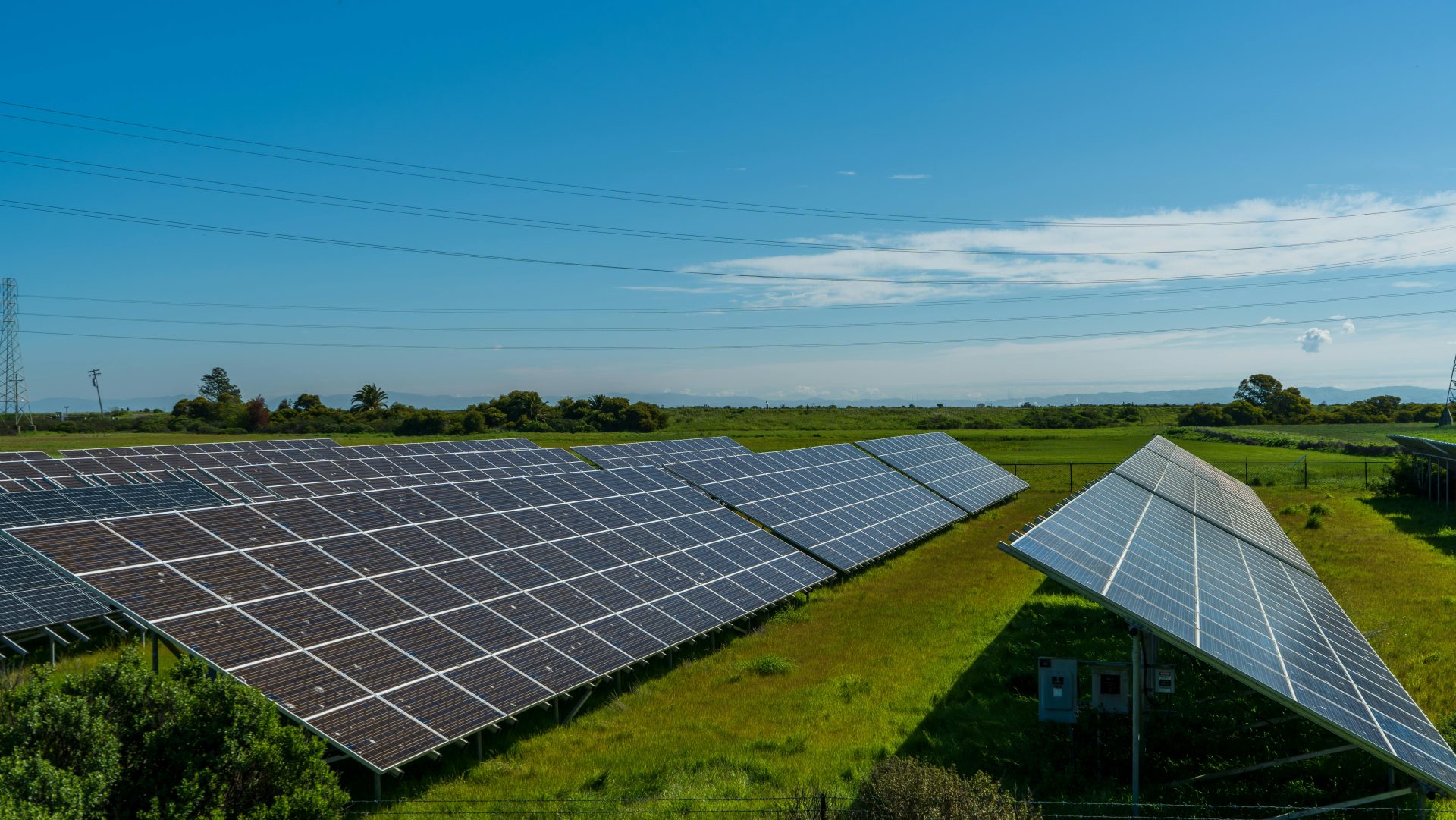 Solar panels in a lush rural field, generating renewable energy in San Rafael, CA.