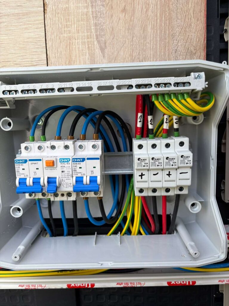 Interior de un cuadro de protecciones con magnetotérmicos y protecciones de continua