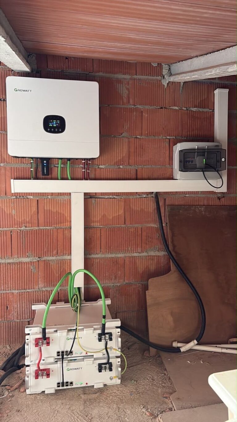 Inversor y contador instalados sobre una pared de ladrillo